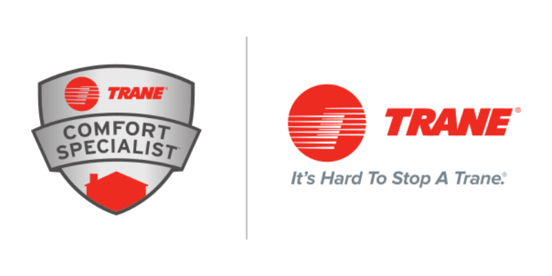 Trane Comfort Specialist shield badge and red Trane logo with tagline It's Hard To Stop A Trane