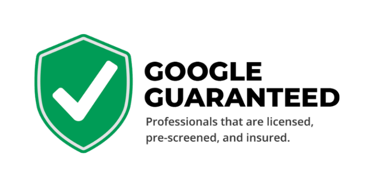 Google Guaranteed badge, green shield with white checkmark, Google Guaranteed text and tagline: licensed, pre-screened, insured