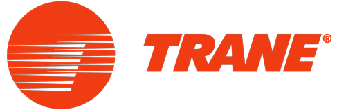 Trane logo: orange stylized circle with horizontal lines and bold TRANE text on black background